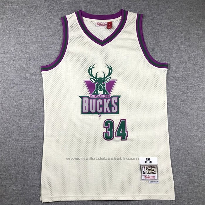 Maillot Milwaukee Bucks Ray Allen #34 Mitchell & Ness Chainstitch Creme